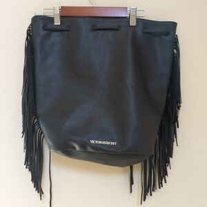 Victoria Secrets Moto Hippie Back Pack Faux Leather Fringe Drawstring Black